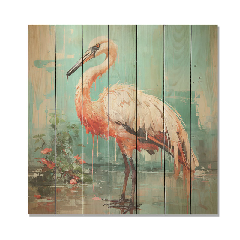 Flamant rose et vert Elegance II - animal flamant rose sur bois, H 25 po x l 25 po