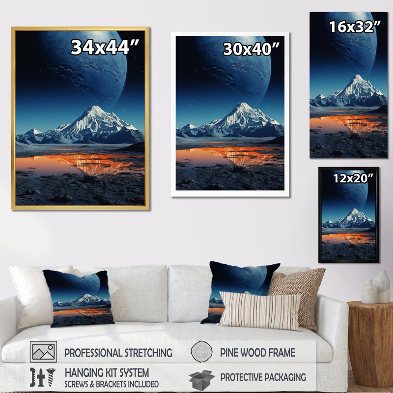 Paysage lunaire volcanique sur toile, Cadre doré simple, H 44 po x l 34 po x P 1,5 po