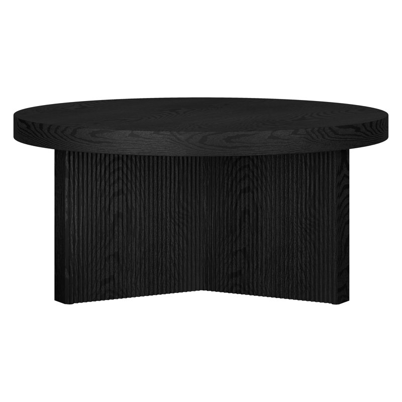 32" Wide Round Coffee Table with Fluted Base — Black Grain Scandinavian MDF Center Table for Living Room | Holm, Black Grain
