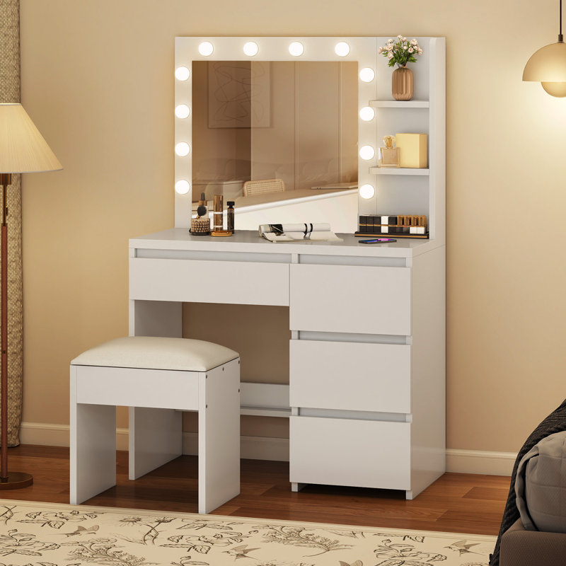 Balconera Dressing Table With Mirror,4-drawers Makeup Vanity Table Set For Bedroom Makeup Desk