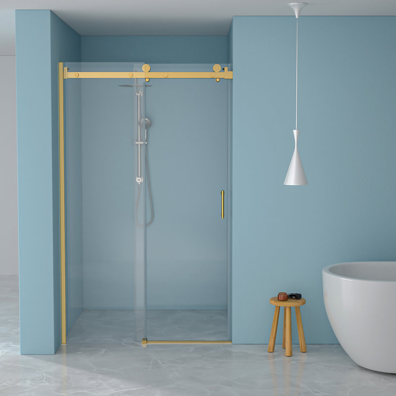 Porte de douche coulissante simple l 48 po x H 76 po - Verre trempé de 8 mm avec cadre en acier inoxydable 304, doré, Doré