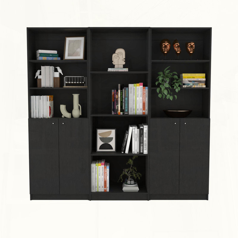 Ensemble de bibliothèque 3 pièces Hialeah avec 10 tablettes et 2 armoires à deux portes, 71.1" H x 74.1" W x 11.7" D