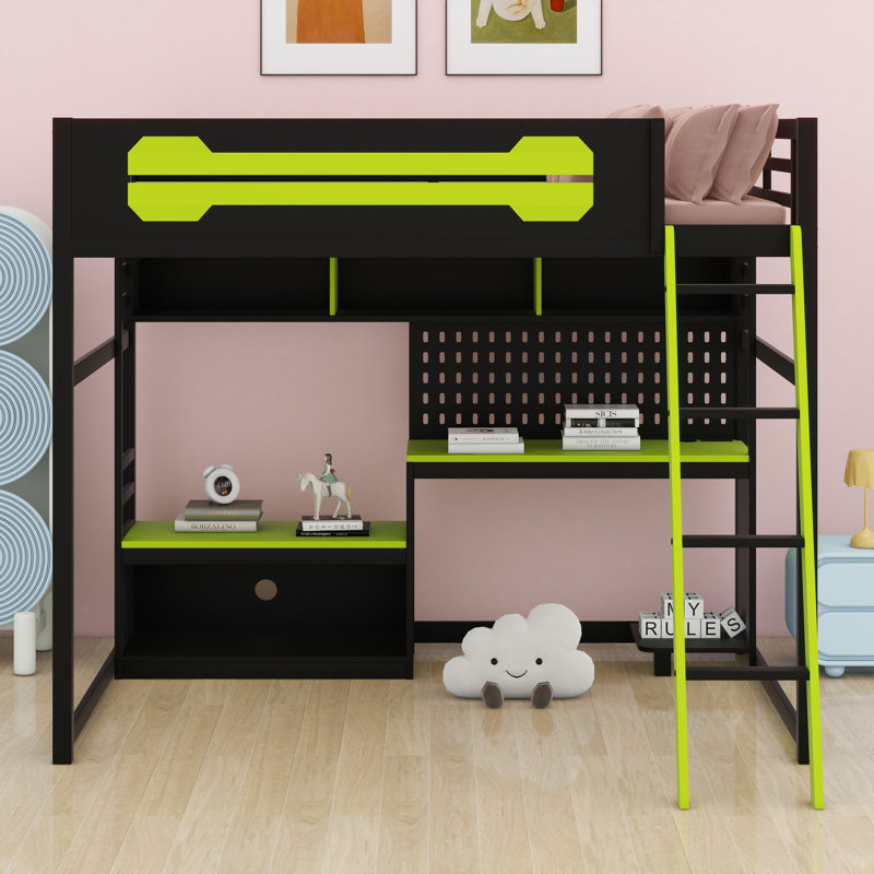 Lit mezzanine en bois avec bureau, Noir/vert