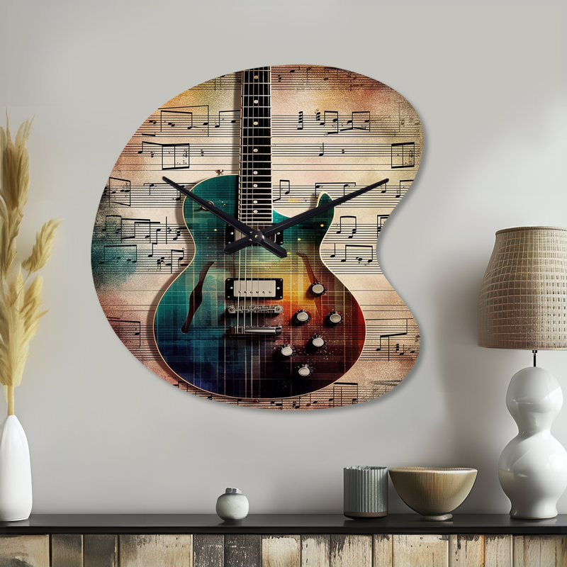 Playing To The Melody - Music Asymmetrical Metal Wall Clock, Teal Unique Shape Clock Print, Large