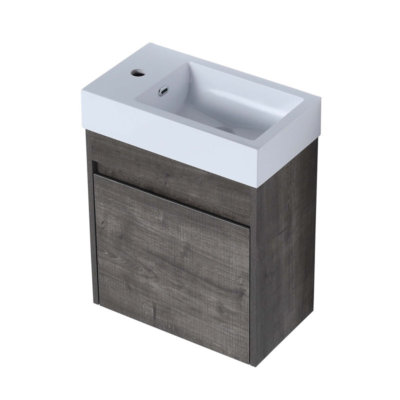 Meuble-lavabo mural 18 po avec lavabo en résine blanche et porte d'armoire à fermeture en douceur 18 po, Chêne gris carreauté
