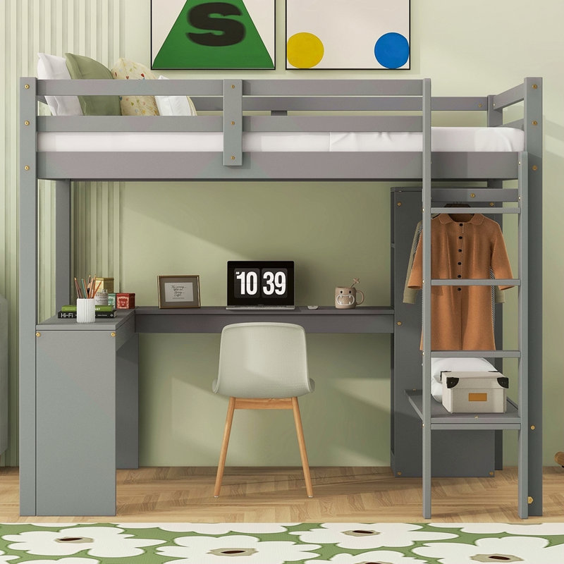 Lit mezzanine avec bureau en L, garde-robe et tablettes de rangement, Gris, Lit simple