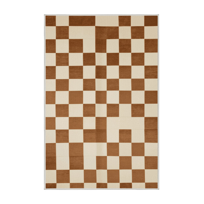 Tapis beige à carreaux lavable à la machine, Rectangle 6 pi x 9 pi