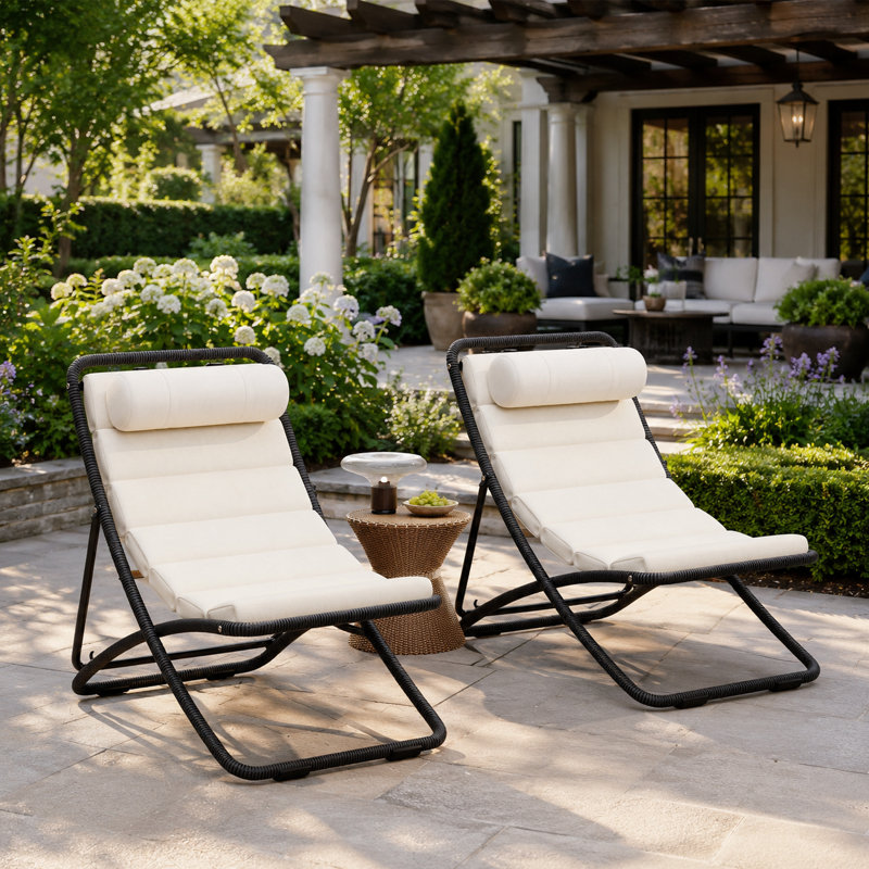 Ensemble 2 pièces de chaise longue pliante d'extérieur avec coussins, structure en acier noir et corde tissée, Black