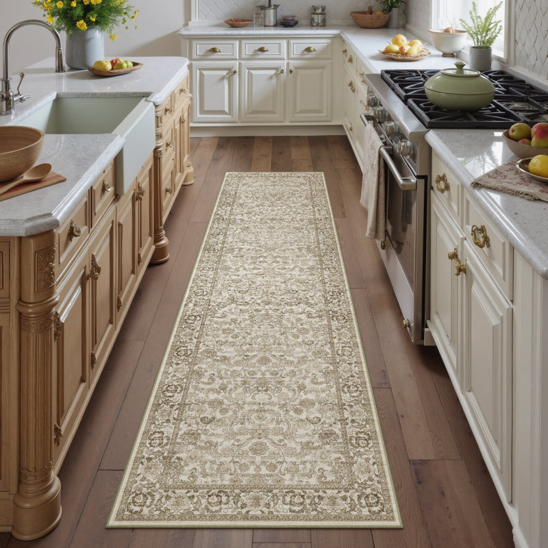 Tapis oriental lavable à la machine avec envers antidérapant Kitty, Tapis de couloir 2 pi x 8 pi, Brun