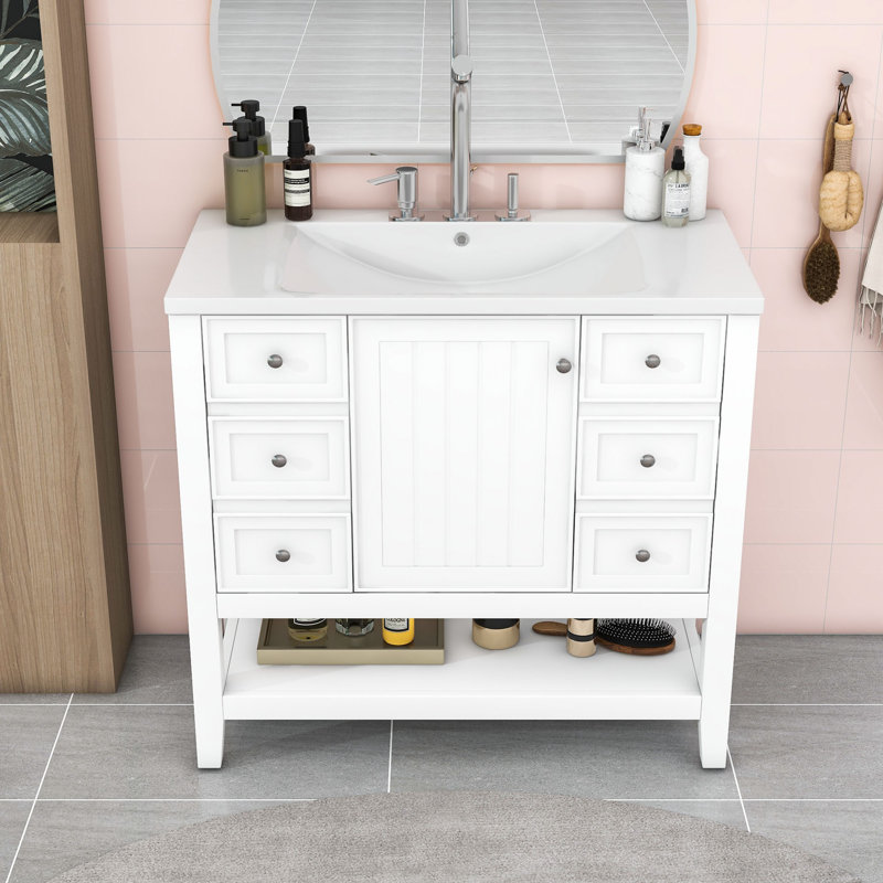 Meuble-lavabo simple autoportant moderne Tyshiem avec lavabo en céramique et grand rangement, Blanc