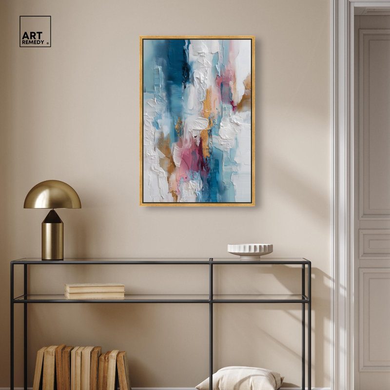Décoration murale moderne pétale rose et bleu océan I par , H 31 po x l 21 po, Cadre flottant doré