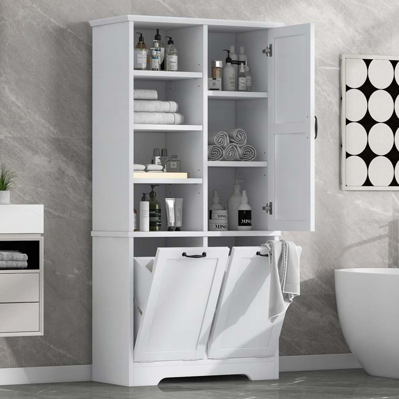 Armoire de rangement de salle de bain avec portes et tiroirs, panier à linge inclinable, plusieurs espaces de rangement