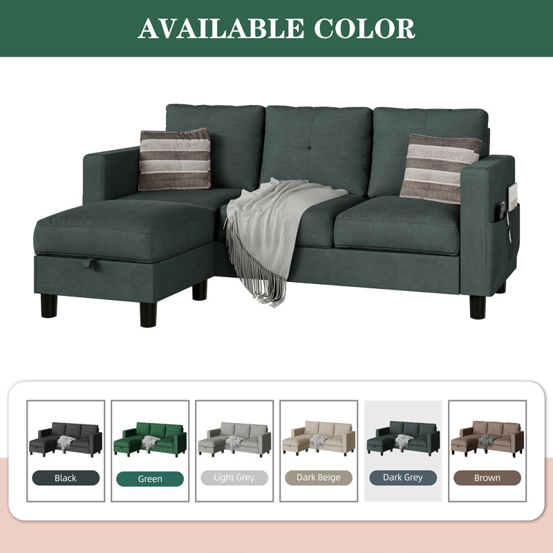 Serio Convertible Sectional Sofa Couch, L Shaped 3 Seater Sofa Couch with Storage Ottoman and Side Pockets, Dark Grey Fabric