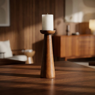 10-Inch Candle Holder, Solid Wood Candlestick, Conical Pedestal Design, Decorative Table Centrepiece, Minimalist Wabi-Sabi Style, Natural Wood Finish