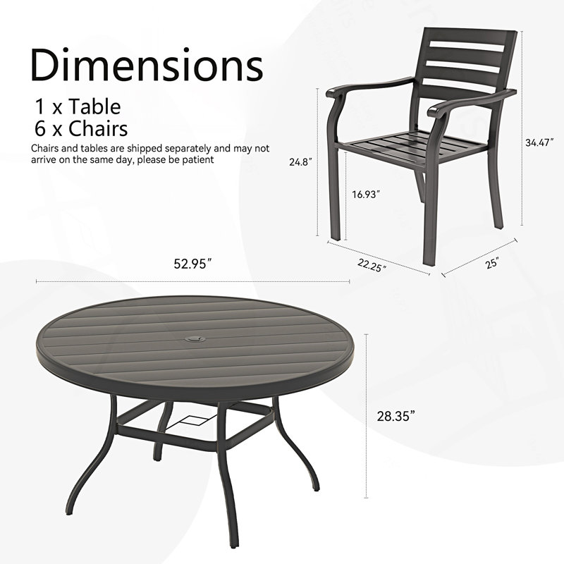 Ensemble de salle à manger d'extérieur 7 pièces, 6 chaises de salle à manger empilables en métal et table de salle à manger ronde en métal