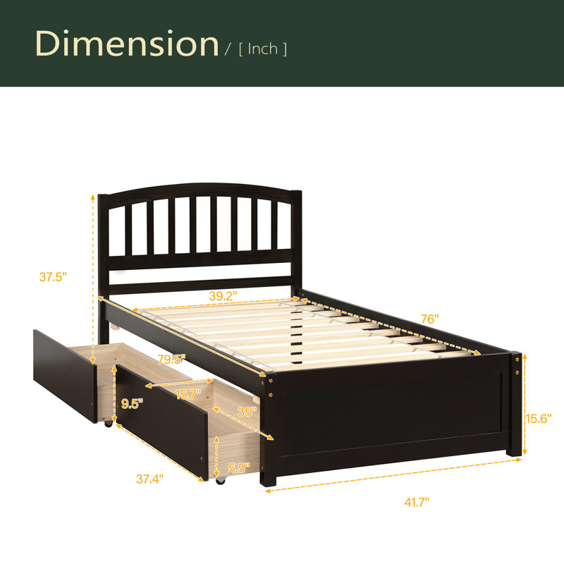 Cadre de lit plateforme simple avec deux tiroirs et tête de lit, Espresso