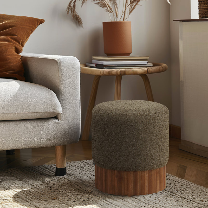 Veranda Upholstered Ottoman, Olive Boucle Fabric, Walnut