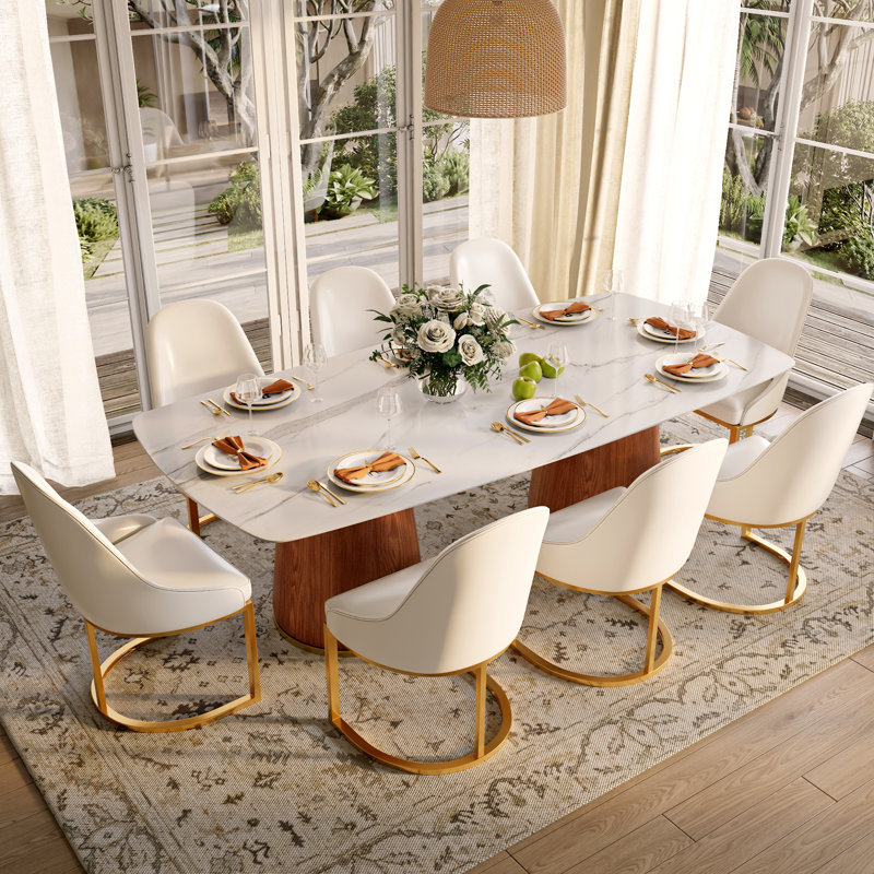 Ensemble de table de salle à manger 93,7 po 93 pi, 9 pièces : table, 8 chaises, Ivoire veiné