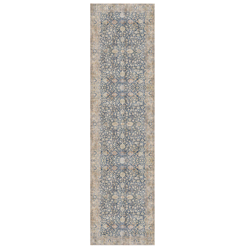 Tapis décoratif bleu en polyester oriental beige doux tissé à la machine, Rectangle 2 pi 8 po x 5 pi