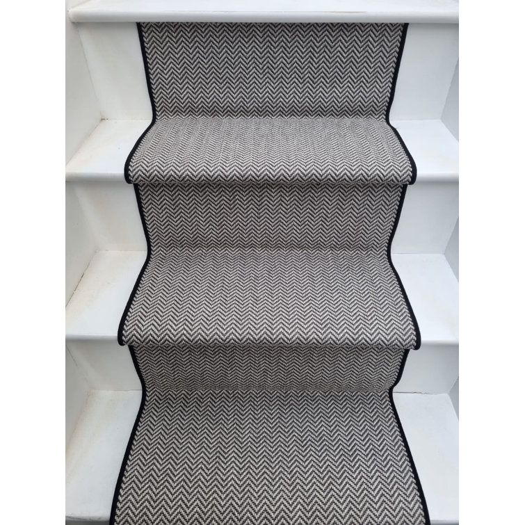 New Black and White Herringbone Faux Sisal Carpet Stair Runner Black whipped edge