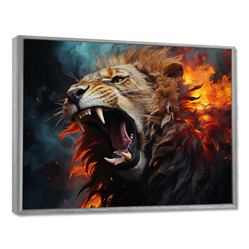 Lions Roaring Echoes I - Lion, art mural pour le salon, H 34 po x l 44 po x P 1,5 po, Encadrement argenté