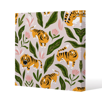 Cute Tigers And Tropical Leaves And Flowers Canvas Print by Andrew Lee - Wrapped Canvas Print