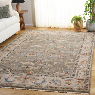 Tapis oriental en laine / coton noué à la main Samarkand ivoire / gris