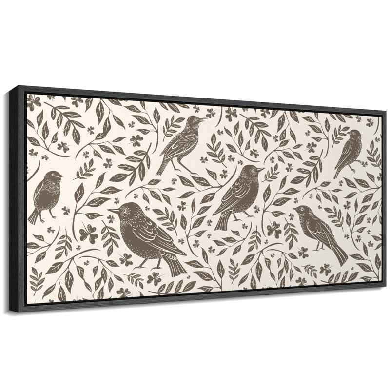 «Abstract Botanical Rustic Bird And Foliage In sépia», reproduction d'art sur toile, H 30 po x l 60 po