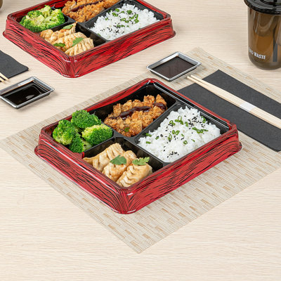 Restaurantware-Bento Tek 18.6 Ounce Meal Prep Containers, 50 Disposable To Go Food Boxes - Lids Sold Separately, 4 Compartments, Red And Black Plastic Bento Lunch Boxes, Freezable, For Take Out