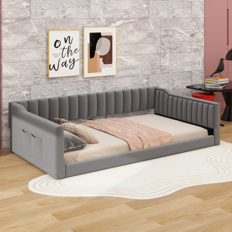 Lit de jour rembourré et poche de rangement latérale, Double XL, Beige