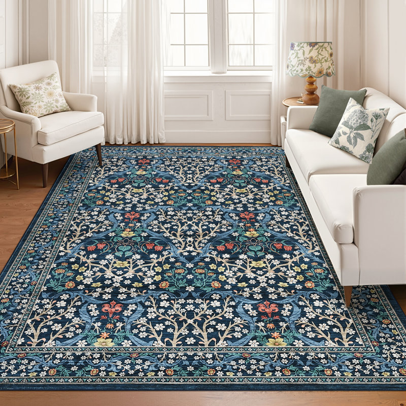 Floral Machine Printed Area Rug, Blue, Rectangle 160 x 230 cm
