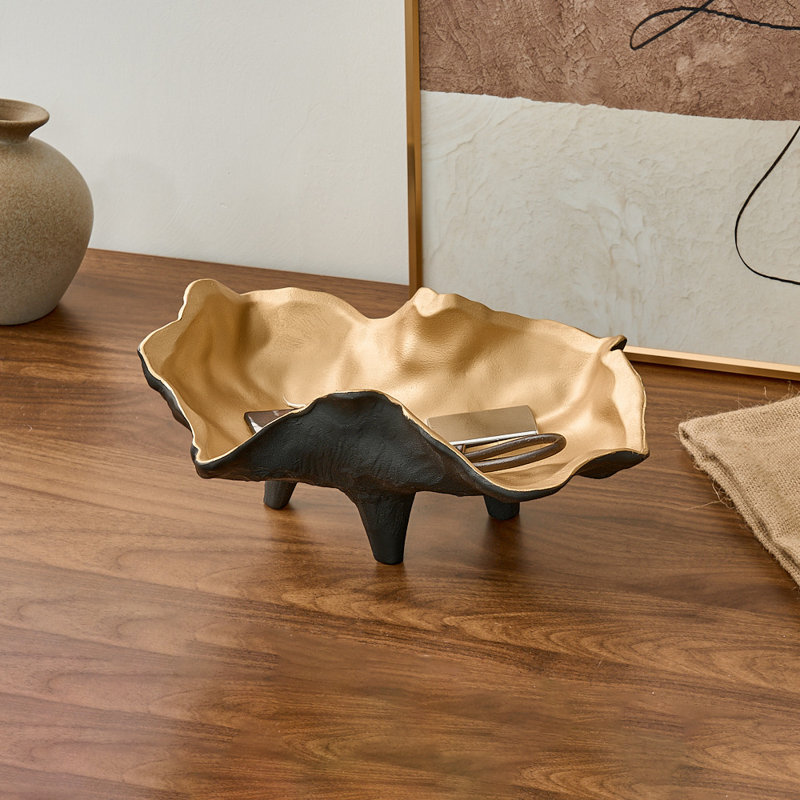 Assiette décorative moderne abstraite avec 3 pieds, centre de table en résine or noir