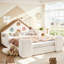 Lit de sol rembourré en bois avec longerons, tête de lit et sommier à lattes-749067548