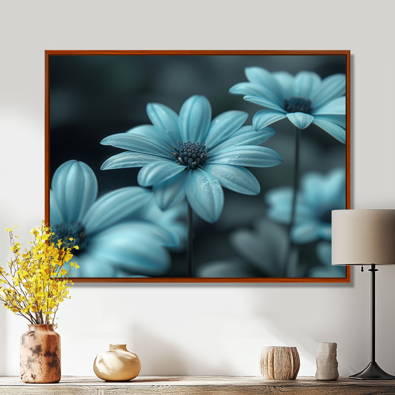 Monochromes bleus et gris marguerites brumeuses Photo III - marguerites, impression d'art mural, Cadre flottant brun