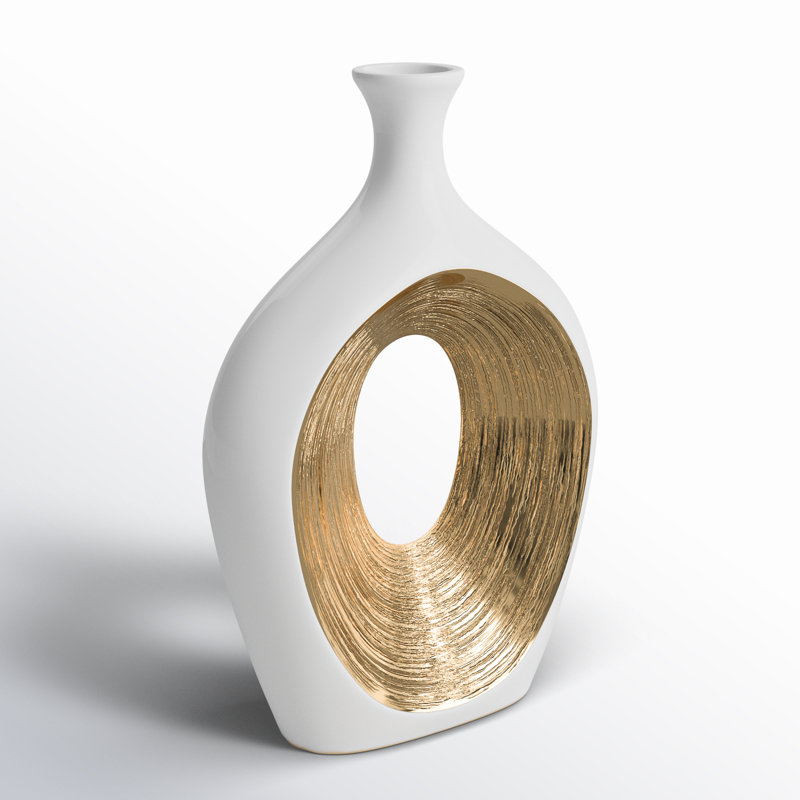 Vannorman Ceramic Sculptural Cut-Out Table Vase , White/Gold, 13"H x 9"W x 3"D