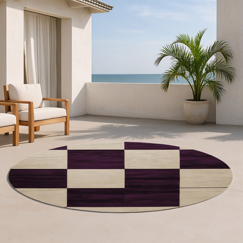 Tapis d'intérieur et d'extérieur à carreaux beige, Rond 5 pi
