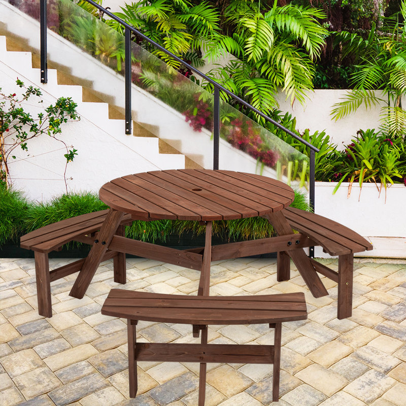Peddie 6-Person Circular Outdoor Wooden Picnic Table with 3 Built-in Benches, Brown