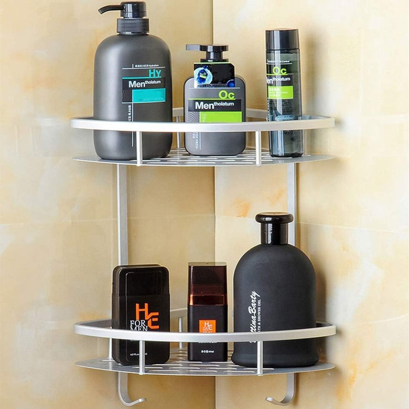 Tablettes d'angle pour salle de bain sans perçage - Argent - Panier de douche en aluminium à 2 niveaux, panier de rangement adhésif pour shampooing