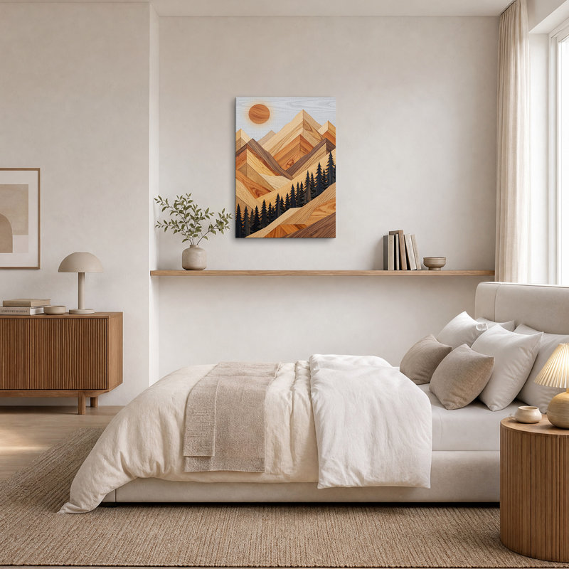 Tableau sur toile représentant un paysage géométrique de montagne en bois avec des pins, H 48 po x l 36 po