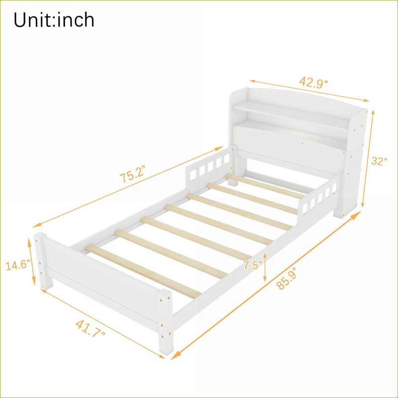 Lit plateforme simple en bois de pin avec tête de lit bibliothèque, mouvement à DEL, garde-corps, aucun sommier nécessaire, blanc pour la chambre à coucher