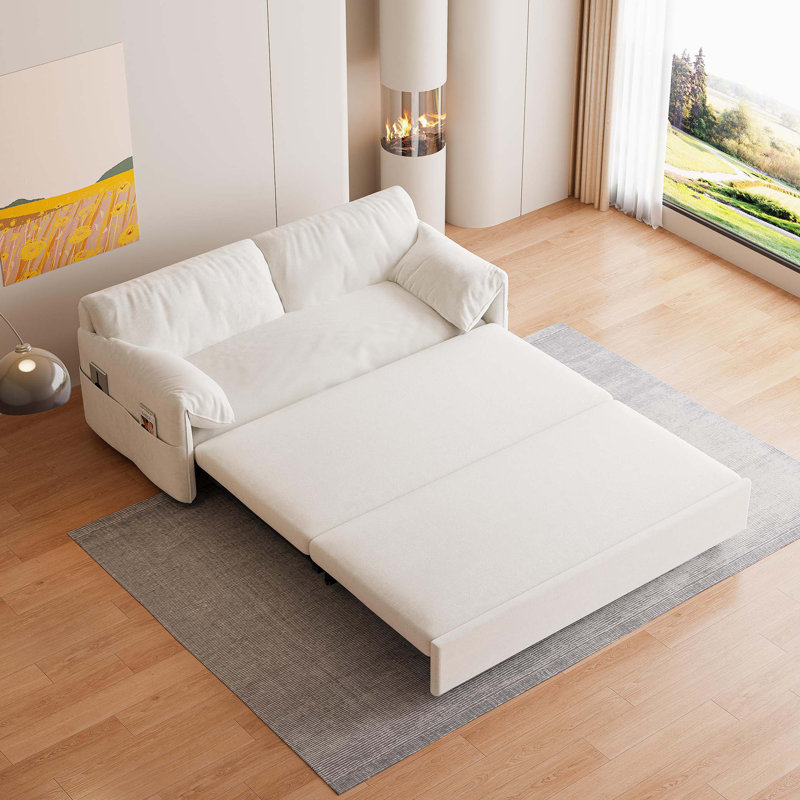 Grand canapé-lit, canapé-lit convertible avec rangement latéral, causeuse multifonctionnelle, Velours beige