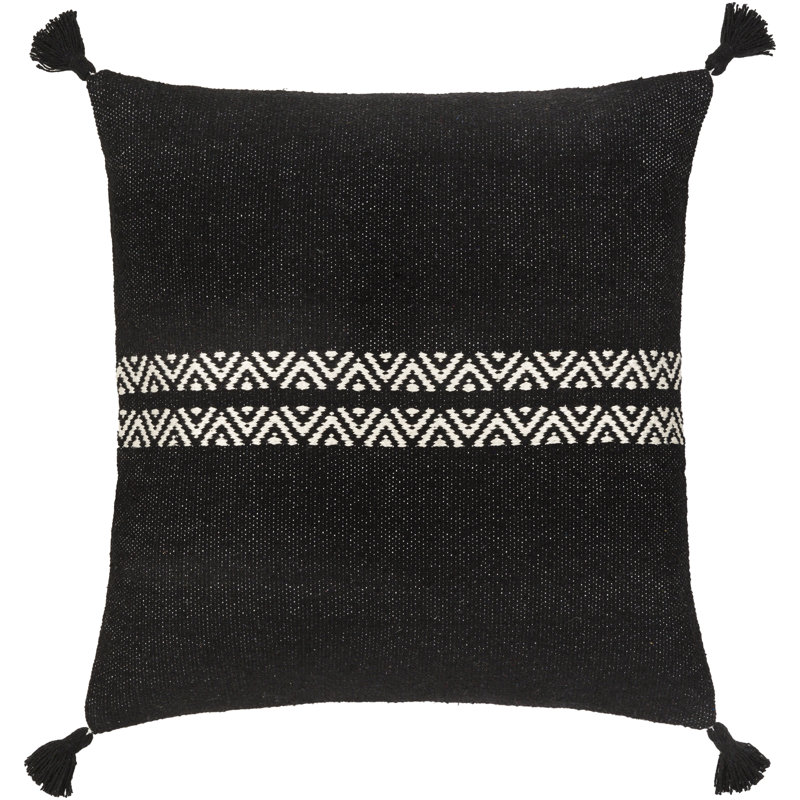 Tassels Cotton Throw Pillow, 22" x 22", Black/Beige, Down