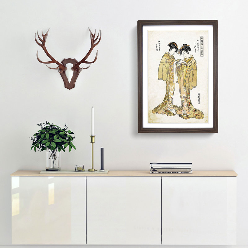 Two Beauties by Isoda Koryusai - Framed Print, 48cm H x 36cm W x 2cm D, Walnut Framed