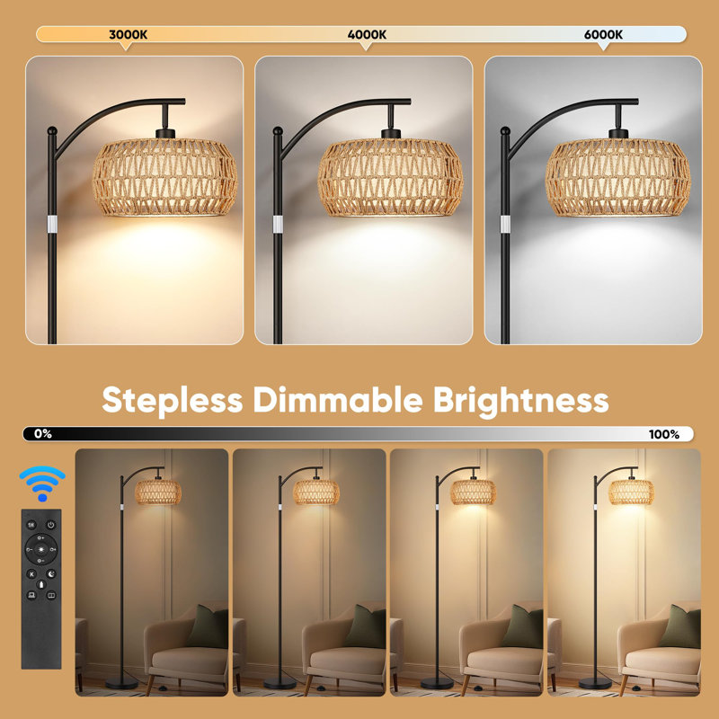 Lampe sur pied Boho avec ampoule à intensité variable, double abat-jour en rotin et en lin
