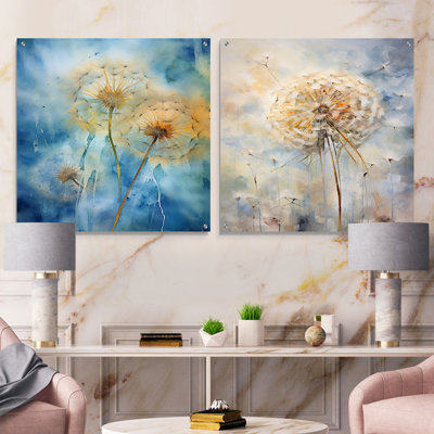 Blue Dandelion Dreams - Dandelion Acrylic Wall Art Glass Set Of 2