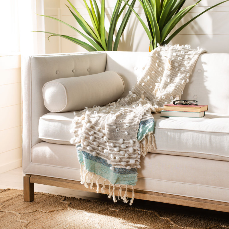 Beige and Blue Reversible Wool Throw Blanket