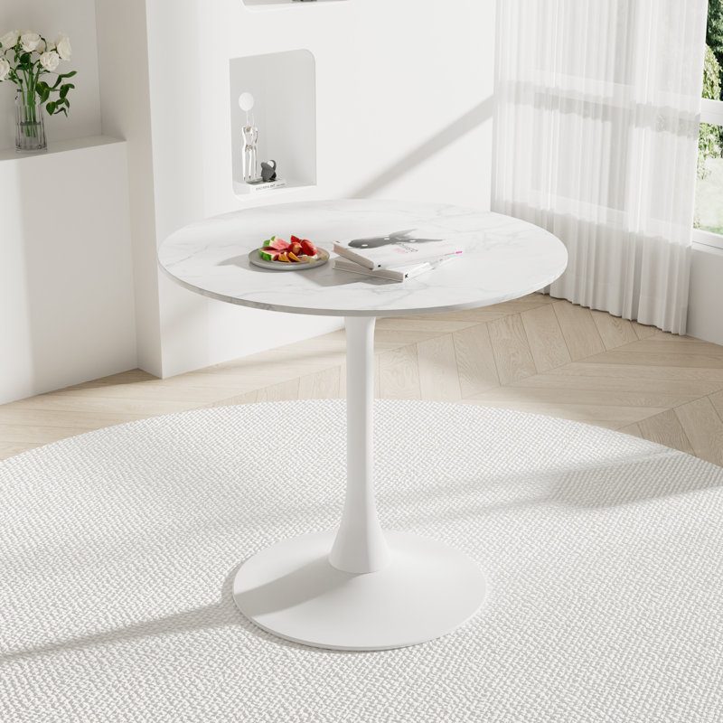 Marble Dining Table Round Kitchen Pedestal Table, 31.5" Tulip Table, Kitchen & Living Room Table for 2-4 People, Modern MDF Top & Pedestal Base