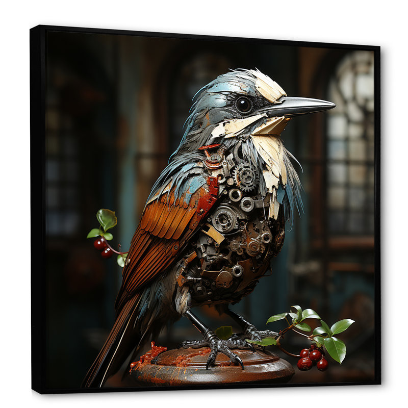 «Brown Steampunk Bird I», art mural oiseau, Cadre flottant noir, H 36 po x l 36 po x P 1,5 po