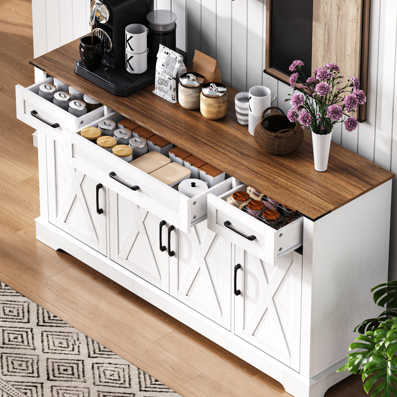Buffet de cuisine Louie avec tablettes et tiroirs réglables, Blanc / brun