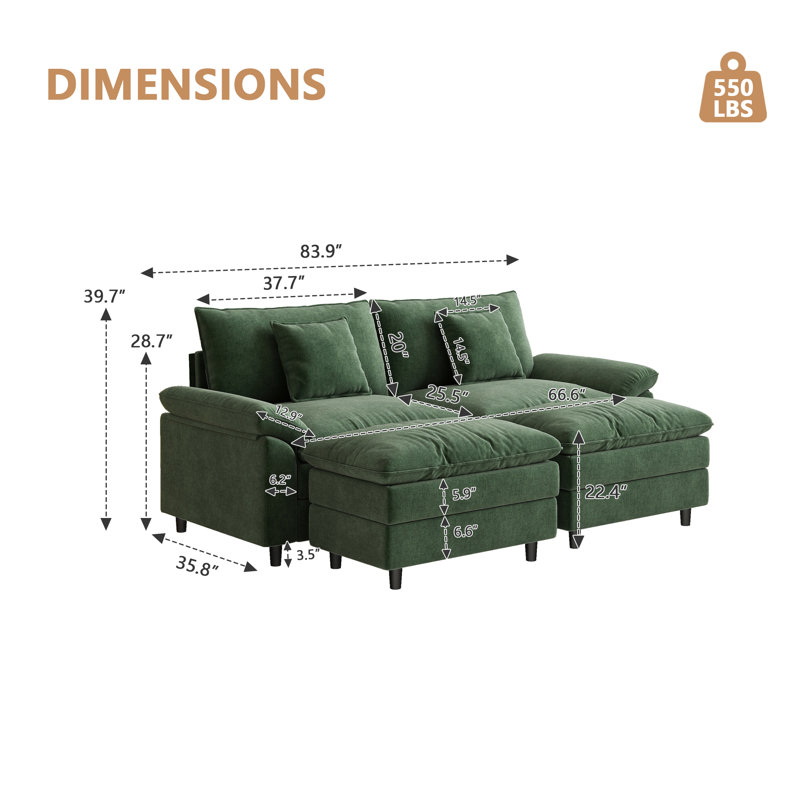 Canapé double en chenille avec deux repose-pieds, Vert